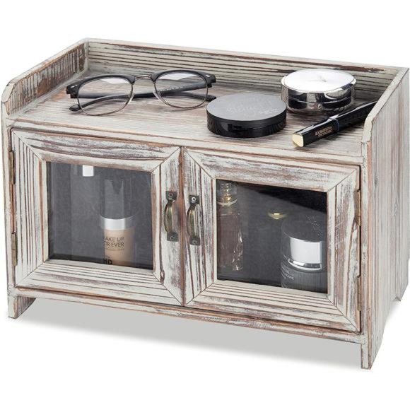 Solid Torched Wood Countertop Storage Cabinet with 2 Glass Window Doors - Picture 2 of 6